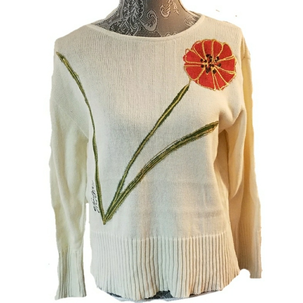 Cream Floral Appliqué Crewneck Sweater - Women